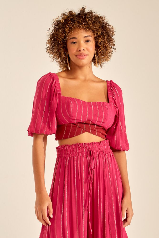 Blusa Cropped Bicolor Fio Lurex - 02036825 - Ohboy